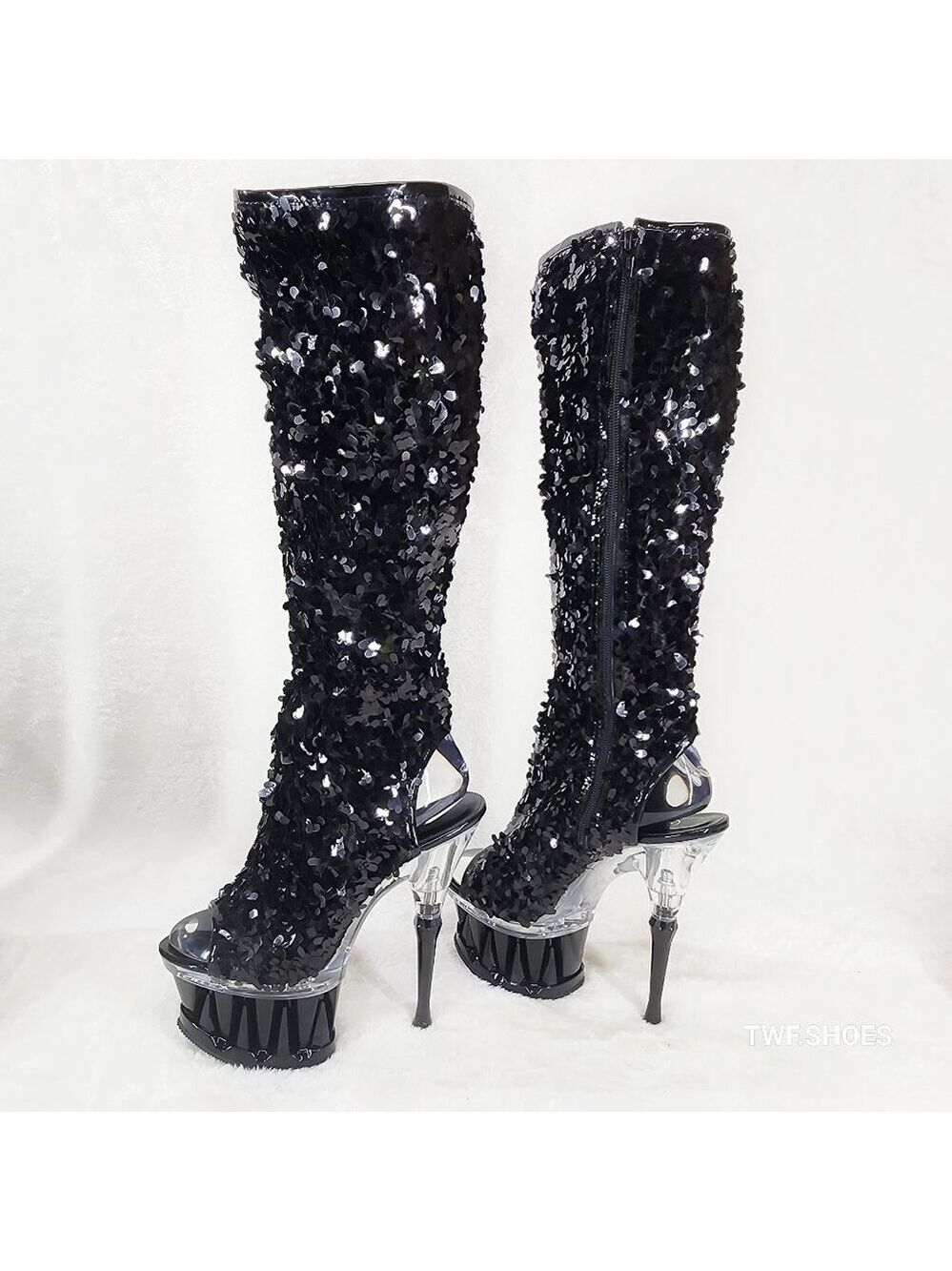 Pleaser Spiky Black Sequin Knee Boots Spiked Design Platform - Picture 4 of 12